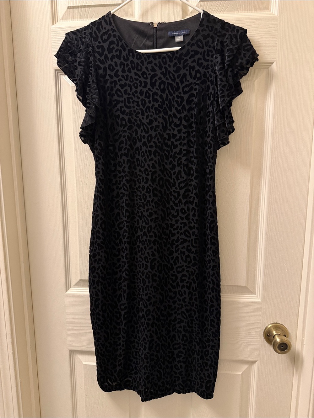 Tommy Hilfiger Black Velvet Leopard-Print Midi Dress with Ruffled Sleeves